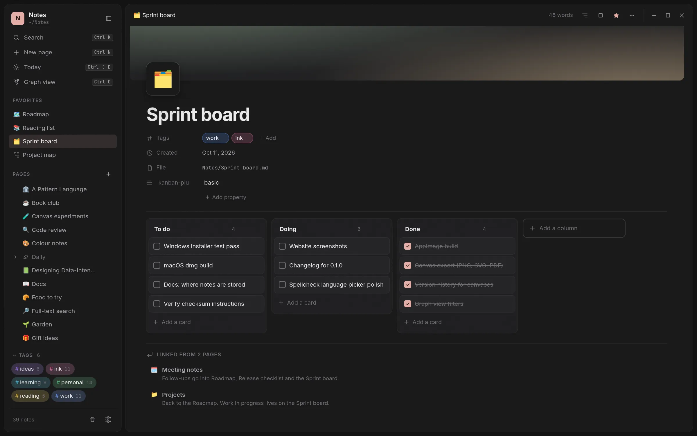 A kanban board built from a page, with To do, Doing and Done columns of cards.