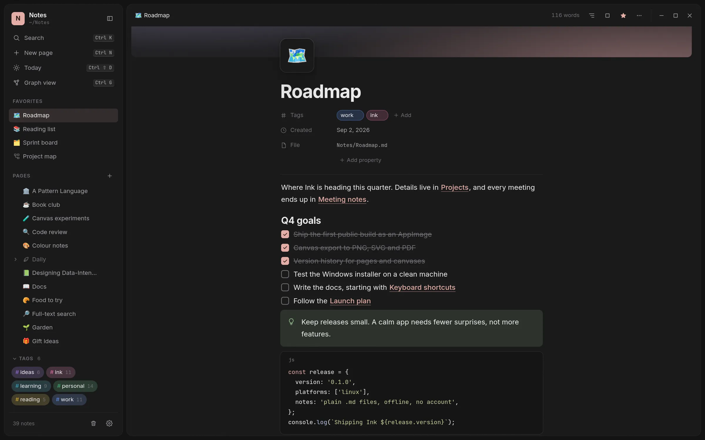 Ink showing a note with a heading, a to-do list, a code block and a callout, with the page tree in the sidebar.