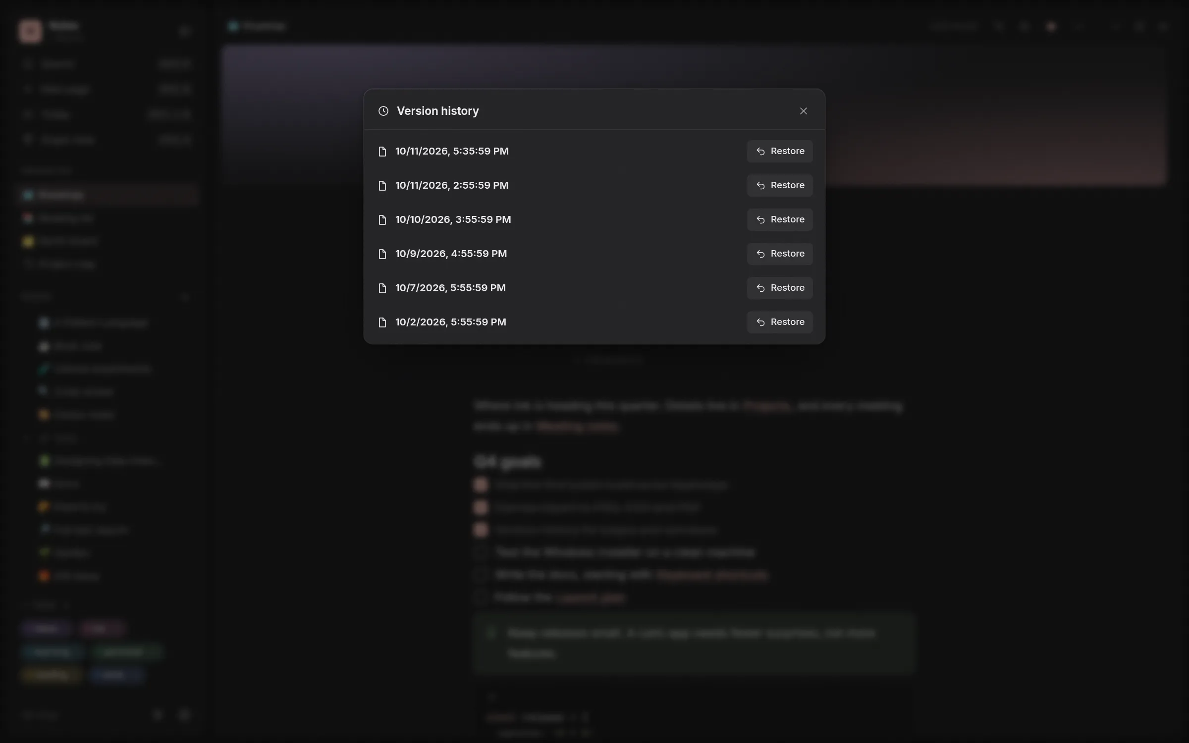 The version history dialog listing earlier saved versions of a page, each with a Restore button.