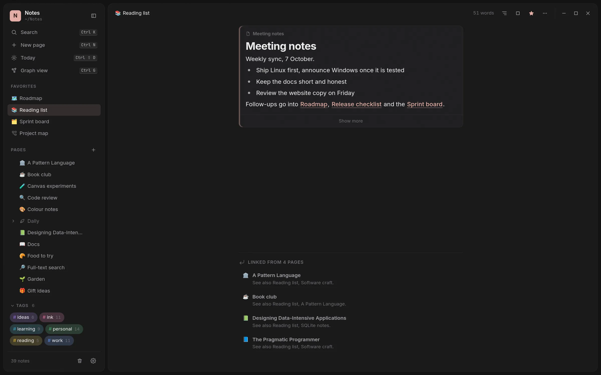 A note embedding another note inline with ![[…]] and showing a backlinks panel at the bottom.