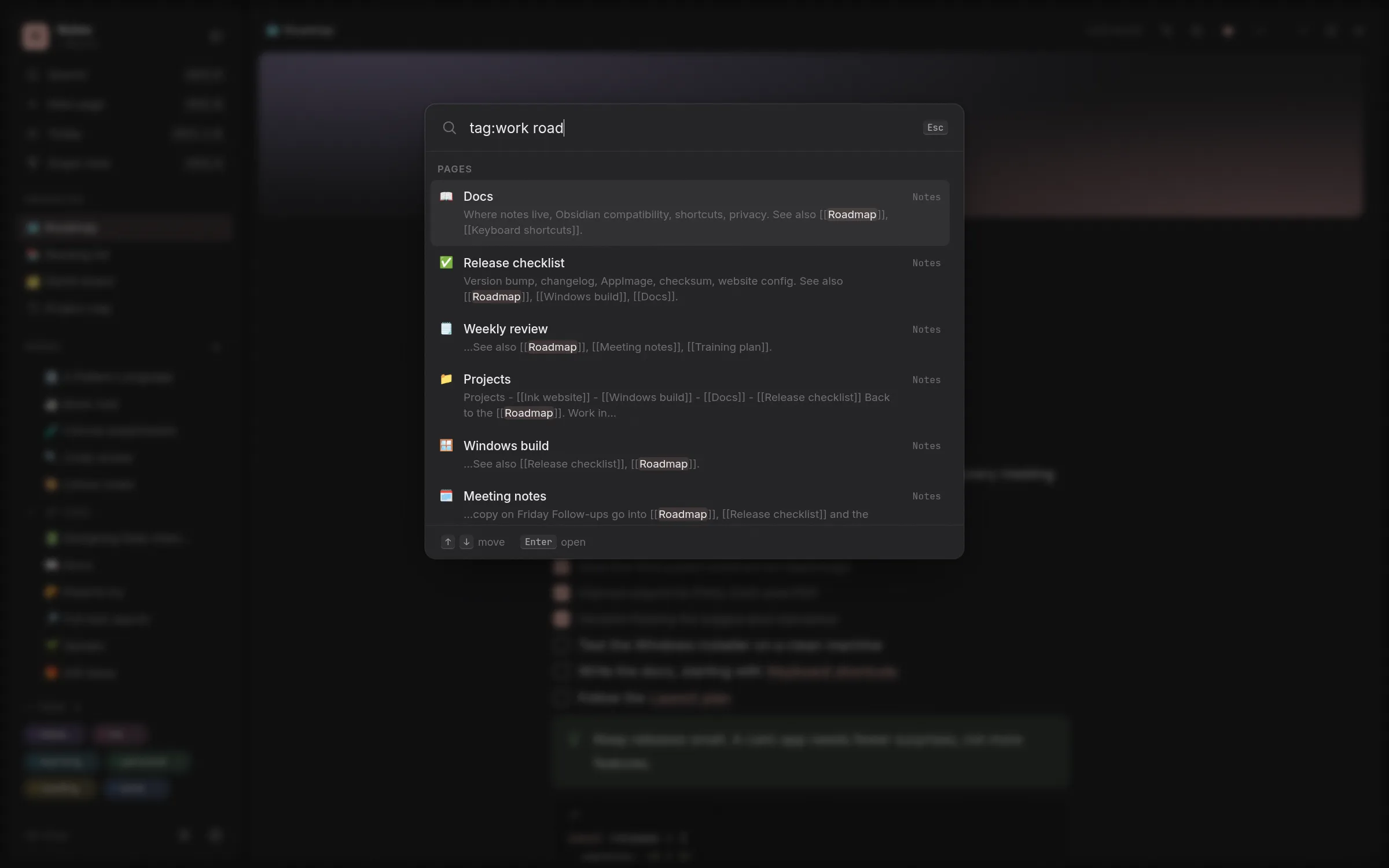 The command palette open with a search for a tag, listing matching notes with snippets.