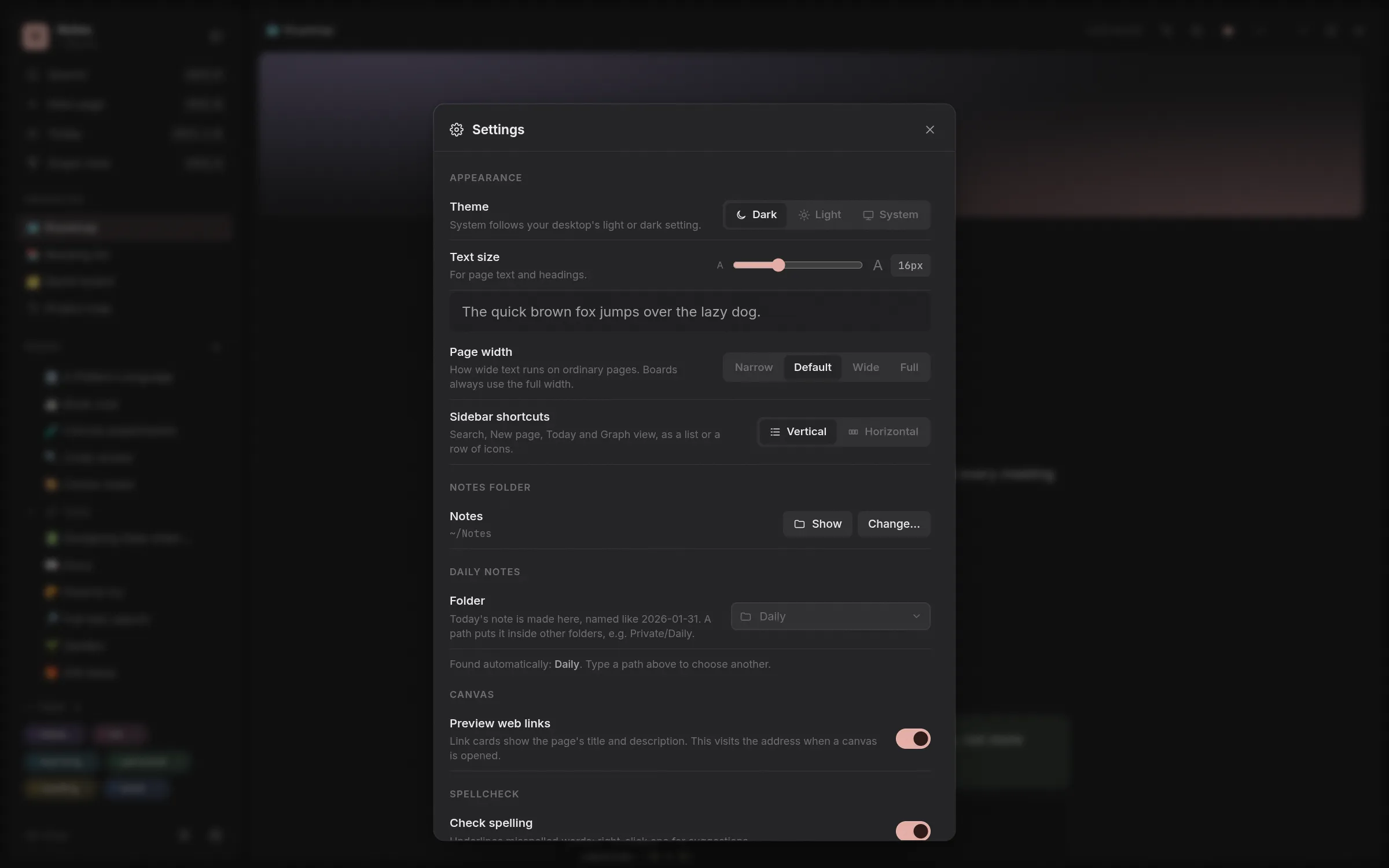 The settings dialog with theme, text size, page width, sidebar layout, notes folder, daily notes and canvas options.