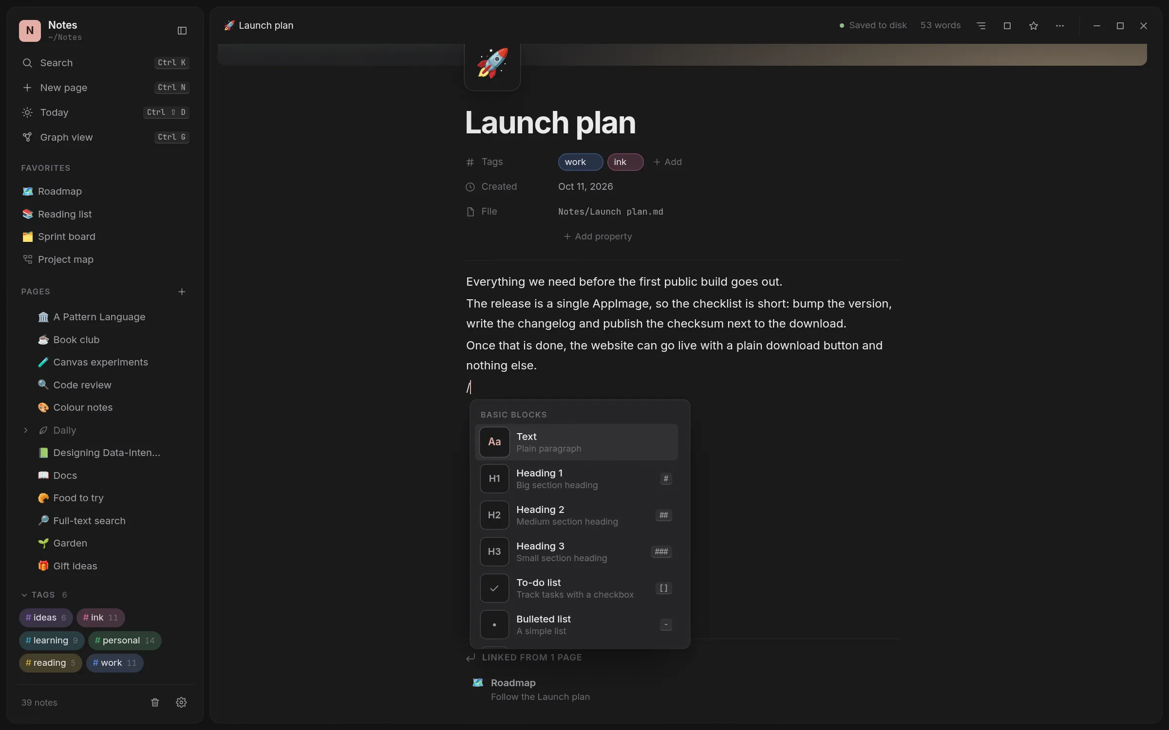 The slash menu open in a note, listing block types such as headings, lists, tables, code, callouts and math.